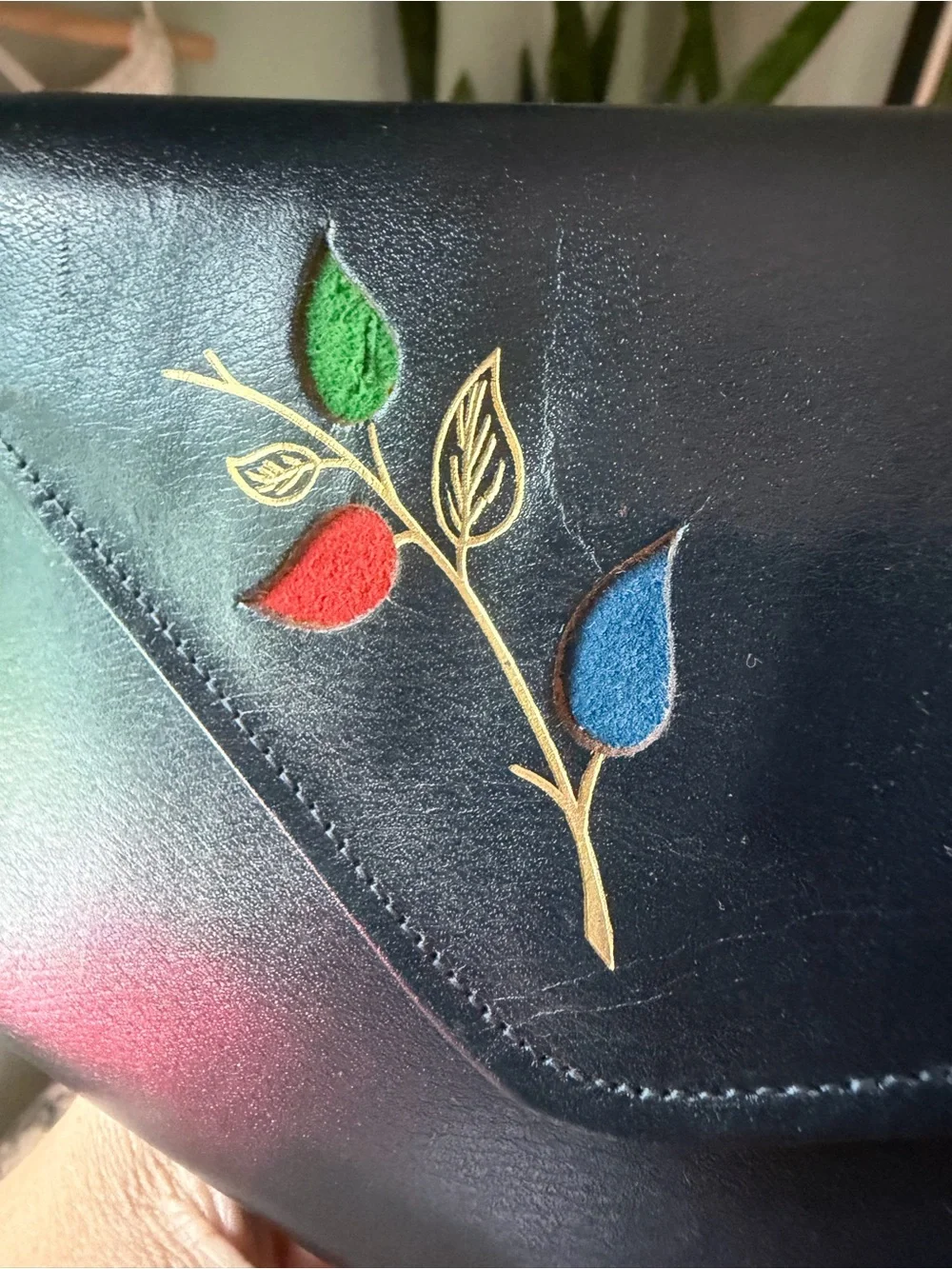 VTG 70s Princess Gardner Navy Leather Wallet with Suede Leaf Accent